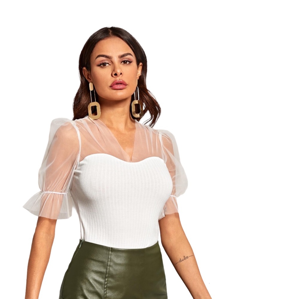 - New Mesh Rib-Knit Top